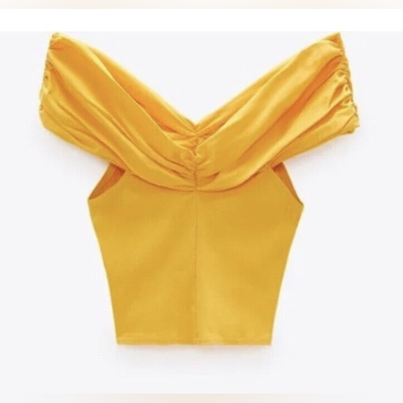 Zara off the shoulder bright yellow ruched crop top size small - Picture 4 of 9